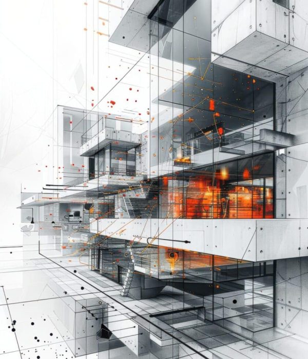 Modern architectural design Modern architectural design featuring layered transparent structures
